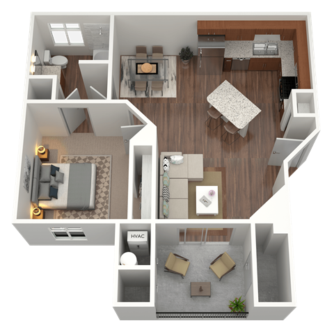3D rendering of 1 bed 1 bath apartment